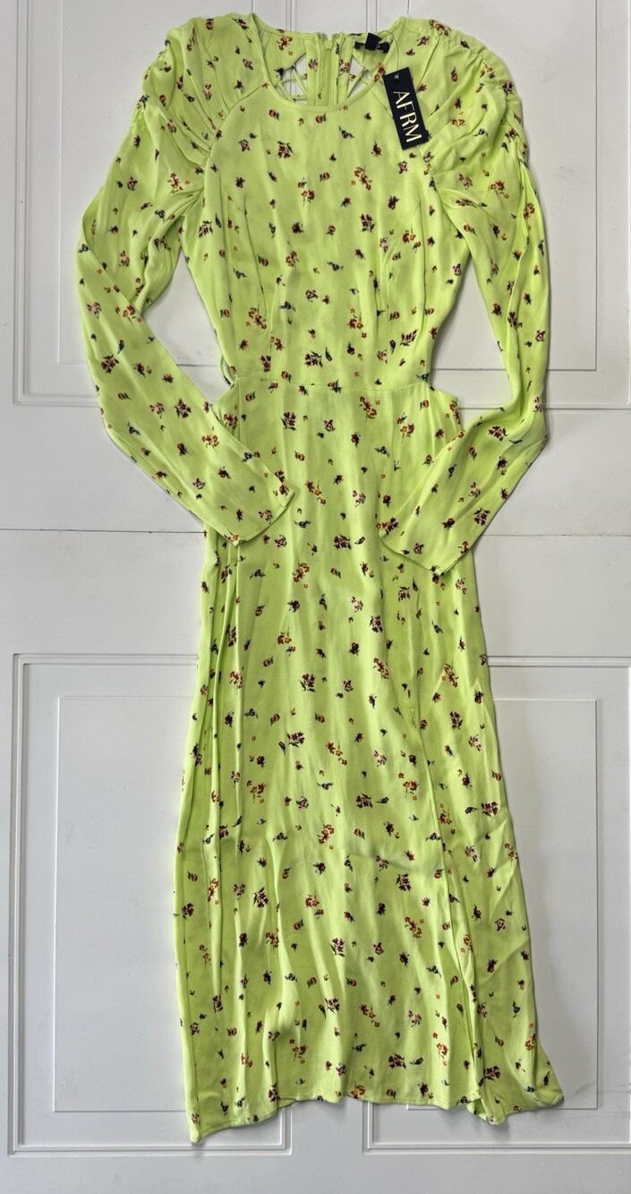 AFRM NWT Womens Sz XS Lime Neon Green Floral Long Sleeve Cutout Strappy Dress